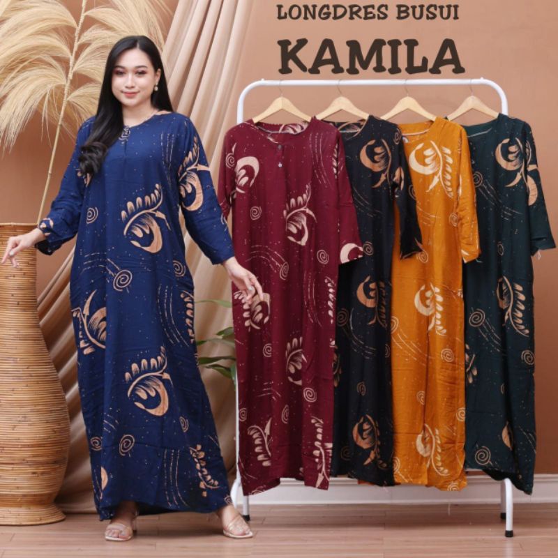 Daster panjang Kamila perca bahan rayon dada kancing depan busui bumil masa kini