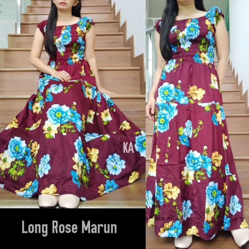 Daster Panjang Serut Dada Rayon Adem Longdress Cantik Bunga Sakura Natasha-Rose maroon