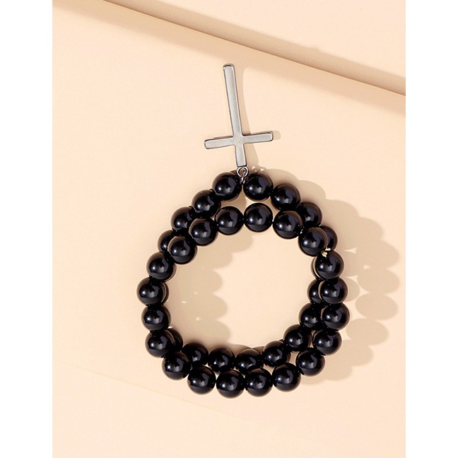 LRC Gelang Tangan Fashion Black Environmentally Friendly Alloy Cross Round Bead P48054