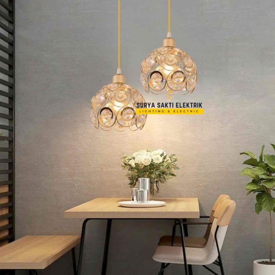 LAMPU GANTUNG KRISTAL GOLD TUNGGAL MODERN MEWAH HIAS KAMAR TERAS