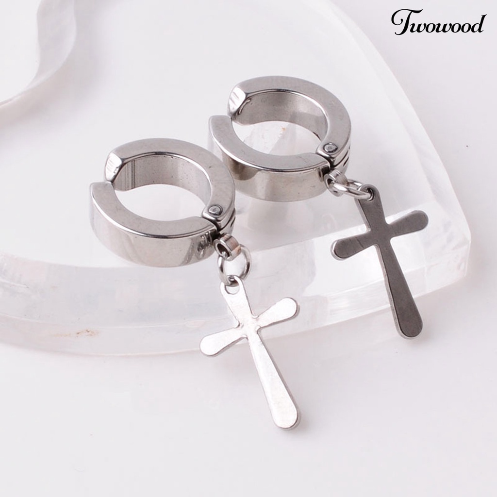 Twowood 1Pc Unisex Dangle Earring Cross Korean Style Stainless Steel Simple Bright Luster Hoop Earring for Daily Wear