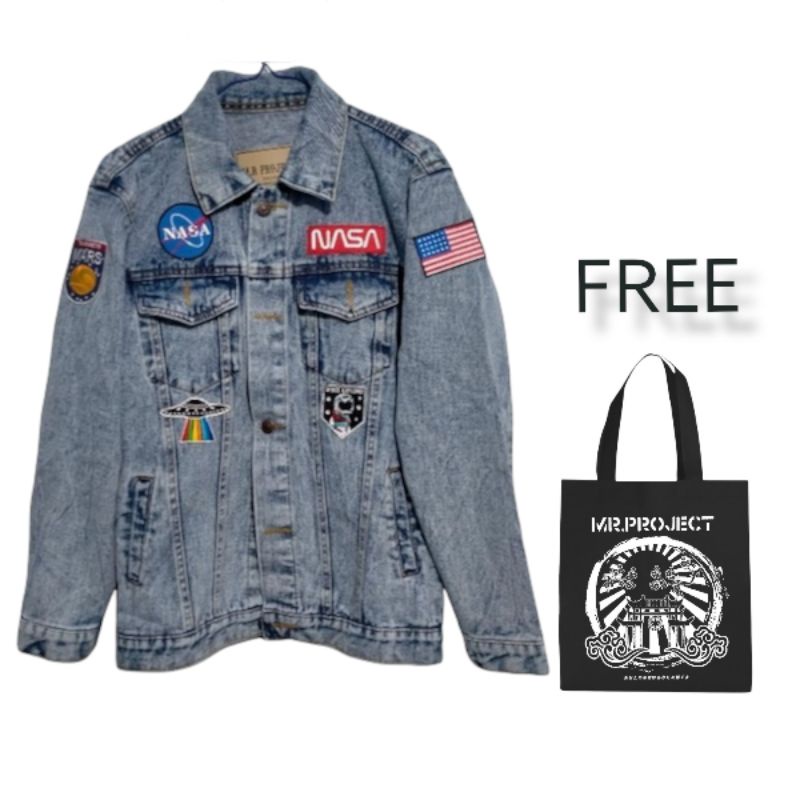 DENIM JACKET BLUE WASH FULL PATCH NASA (PATCH SUDAH TERPASANG)