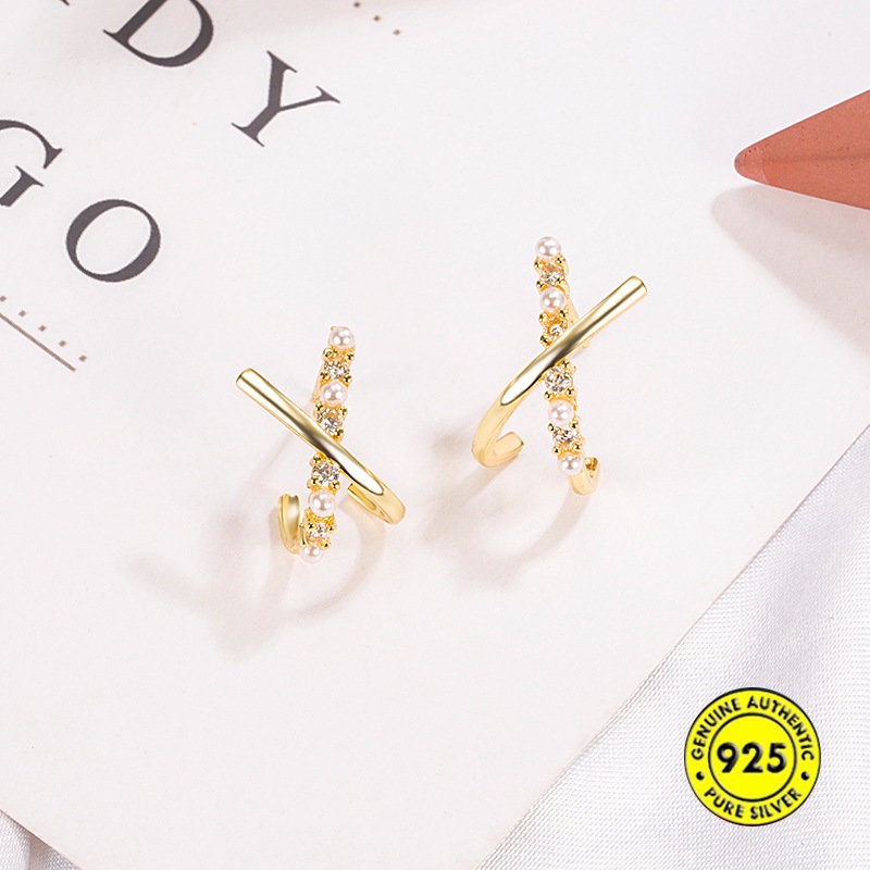 Anting Tusuk Lapis Emas 18K Desain Salib Hias Mutiara + Berlian Imitasi Untuk Wanita U930