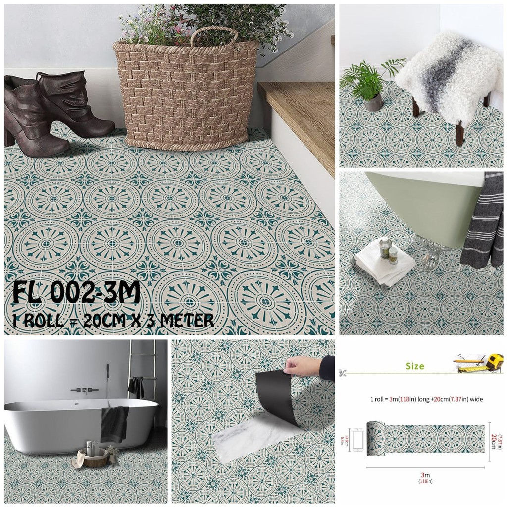 WALLPAPER LANTAI  STICKER LANTAI FL 002-3M MOTIF TEGEL BATIK BIRU UKURAN 20CM X PANJANG 3 METER