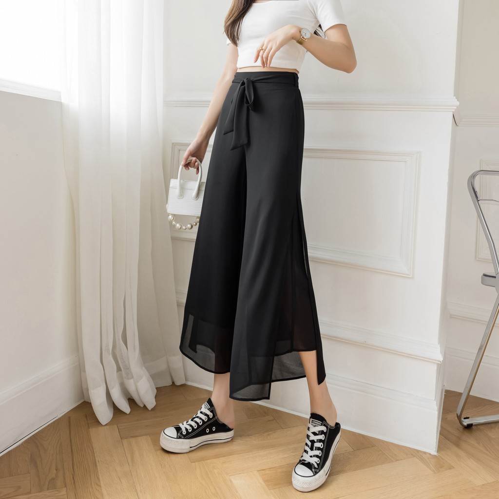 【Blossom】Korean Tie Front Cropped Solid Wide Leg Pants 7257