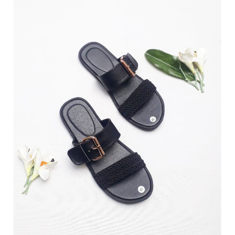 SB ~ SANDAL FLATS KEPANG FULL HITAM