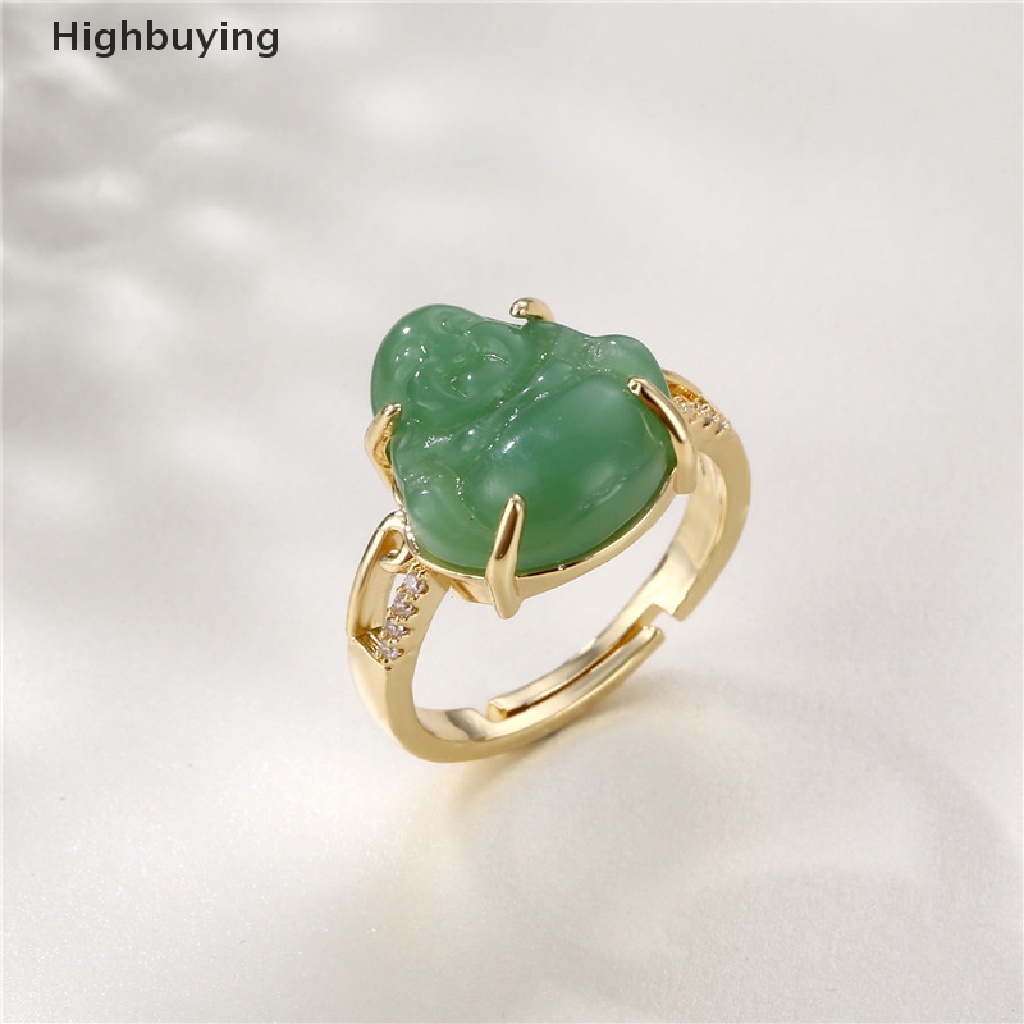 Hbid Cincin Lapis Emas 18k Model Terbuka Adjustable Hias Batu Giok Hijau Untuk Pria / Wanita Glory