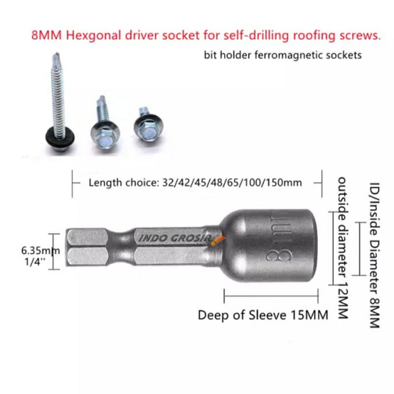 Kunci Sock Roofing Pendek Mata Sok Baut Ruping Baja Ringan 8mm x 45mm  / Magnetic Hex Socket Nut Rofing Roping