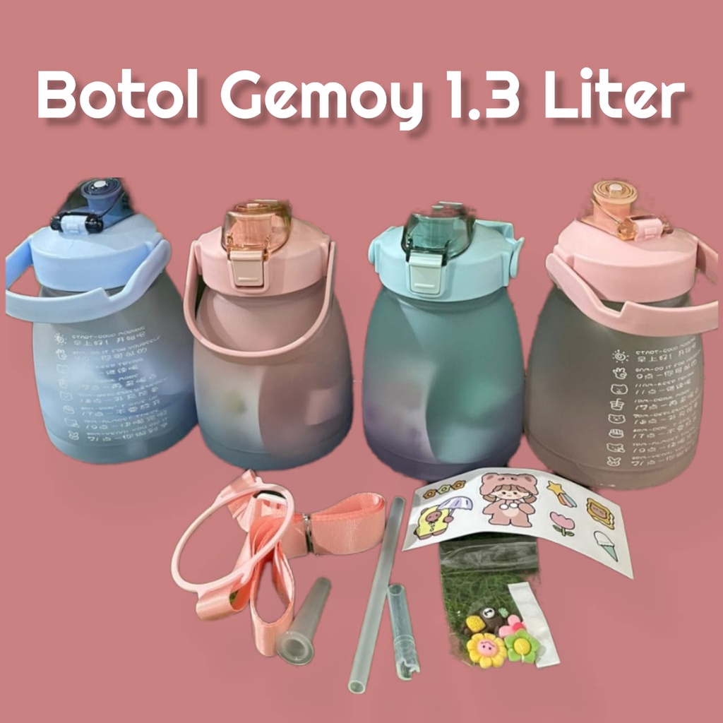 BELLA - BOTOL AIR MINUM GEMOY BULAT / KOTAK VIRAL AUREL STIKER GRADASI 1.3 LITER PENGINGAT WAKTU BPA FREE