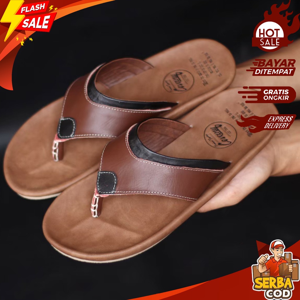 Sandal Kulit Asli Fashion Pria Casual Model Japit - Sendal Jepit Cowok Keren - Sandal Asli Kulit Sap