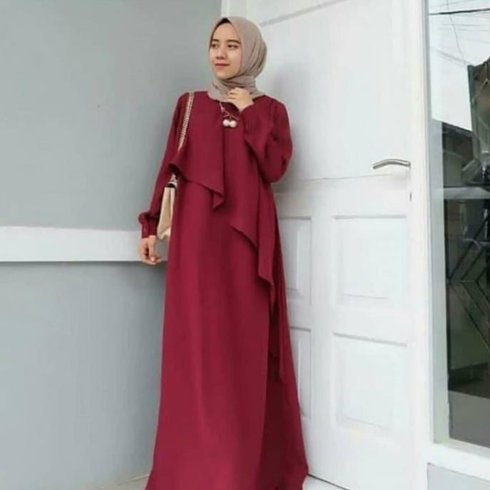 Fashion Wanita: Long Dress Muslim Lengan Panjang dengan Kancing, Warna Polos