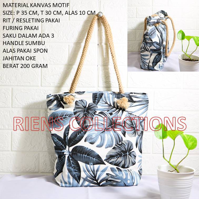 RIENS COLLECTIONS. TOTEBAG KANVAS TALI SUMBU MOTIF ADENIA ABU