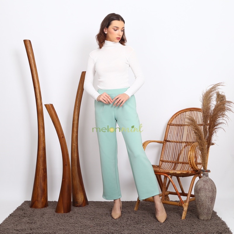Melonmint Naomi Pants Celana Kulot Panjang Bahan Scuba Import Polos Warna Hijau Mint Army Cream