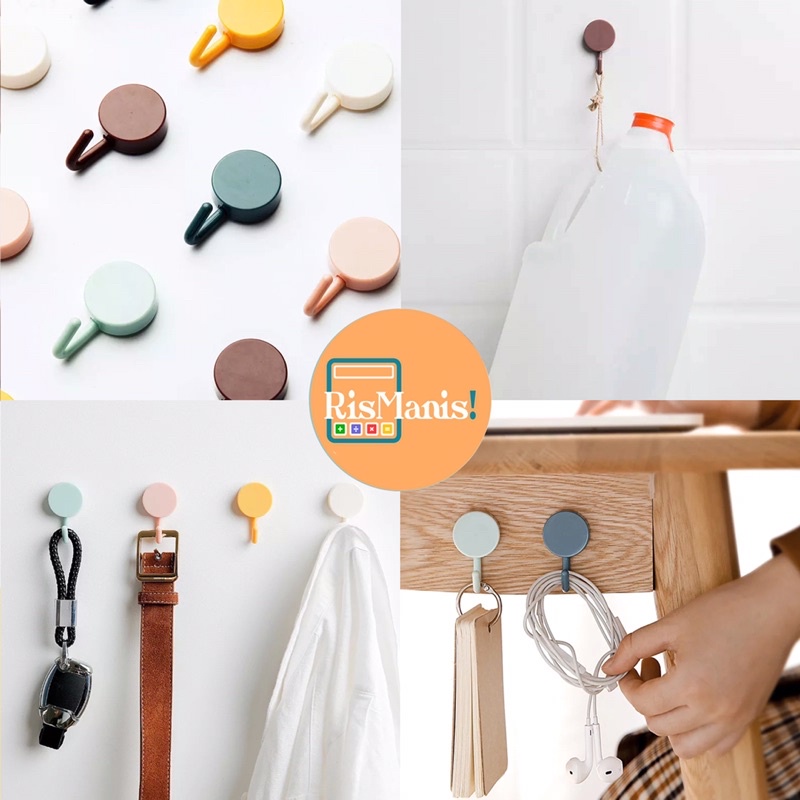 COLORFUL ROUND WALL HOOKS Hanger Pengait Gantungan Tembok Tempel Dinding Cantolan Bulat Aneka Warna