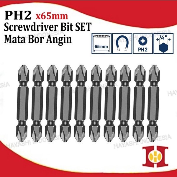 Mata Bor Angin Obeng Kembang Magnet Bolak Balik Double End PH 2 x 65mm - 10pcs