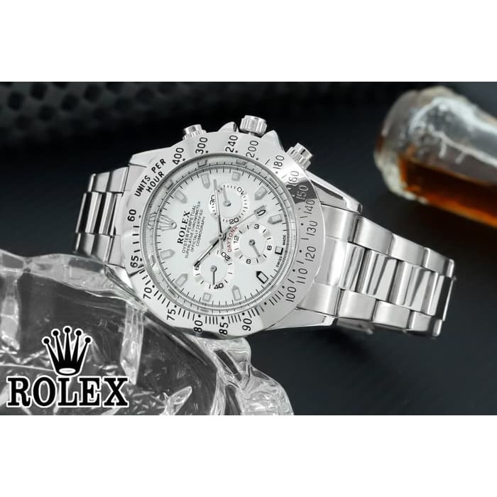 Jam Tangan Pria / Cowok Rolex Daytona Off Rantai Silver White Army