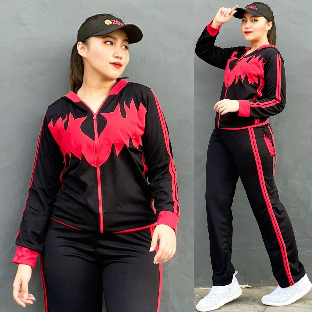 Setelan Baju Senam Lapangan Cakar Pendek Hitam Merah Hijab Cycling Fitness Muslimah