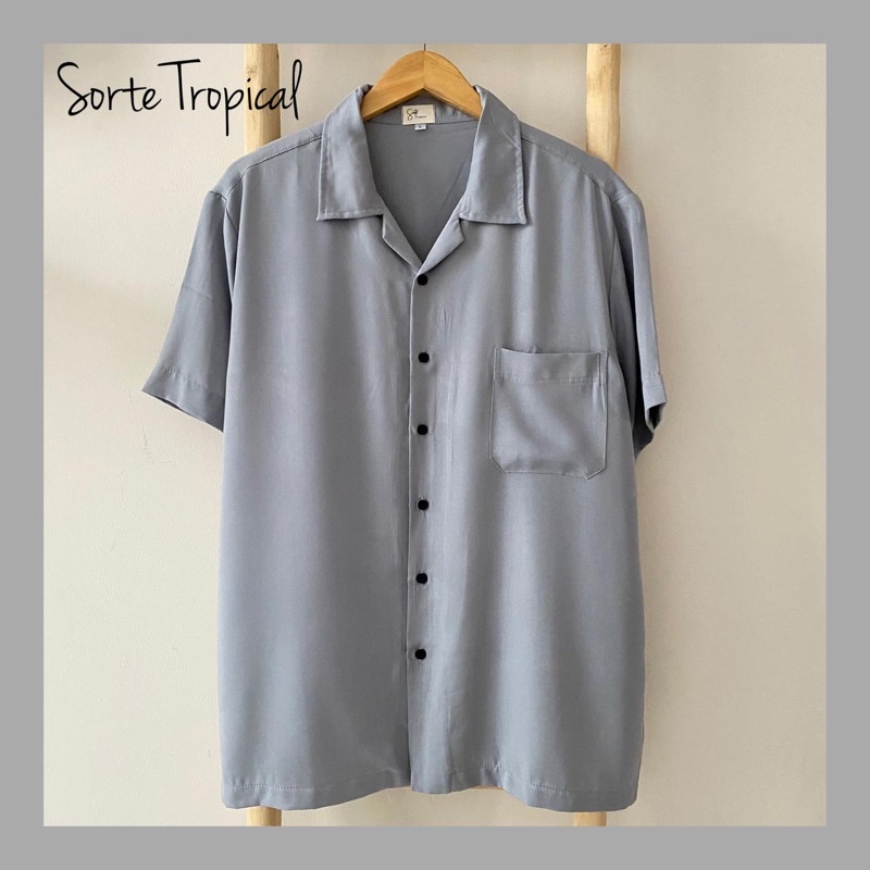 Baju Kemeja Polos Pantai Pria Wanita Hawaiian Shirt Light Grey