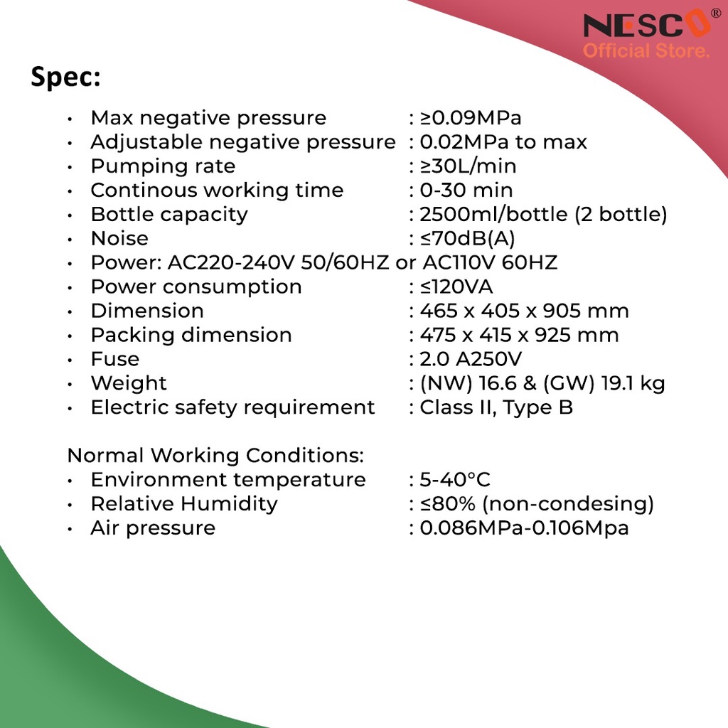 Nesco Electric Suction Apparatus 9A-26 (9E-B Plus)≥30L/min