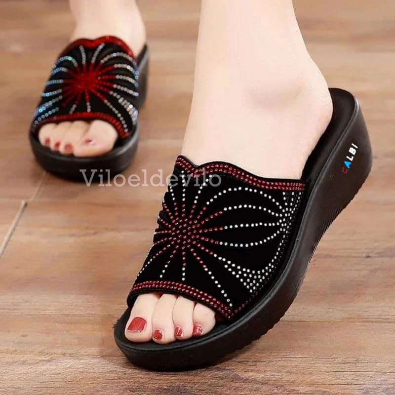 Wedges Calbi Sandal Wanita Motif Bunga