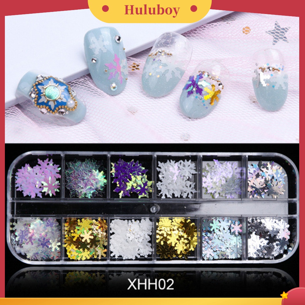 Huluboy Huluboy♡ 12 Sekat Payet Glitter Snowflake 3D Multi Warna Untuk Dekorasi Nail Art