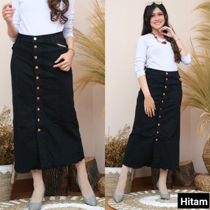 Rok Jeans Stretch Span Panjang Gisca Kancing Depan Tebal Dan Melar-Hitam