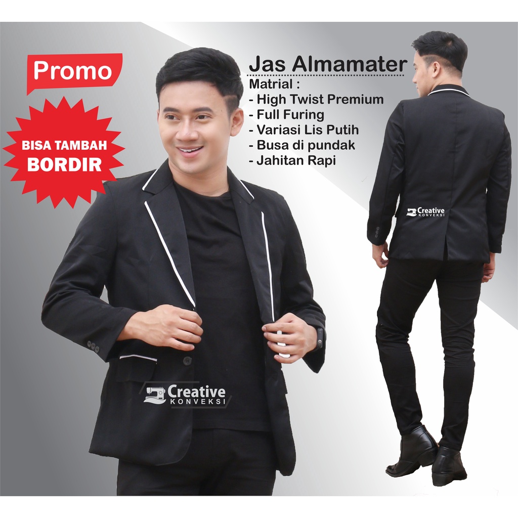 (BISA COD) Jas Almamater hitam variasi lis putih | Full puring | Jas Mahasiswa Bisa tambah bordir Blazer Pria Wanita