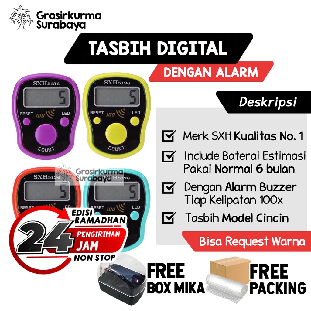 Tasbih Digital LED + ALARM Tiap 100 SXH Kualitas Terbaik Untuk Sholat Ibadah Miniatur Cincin Arab