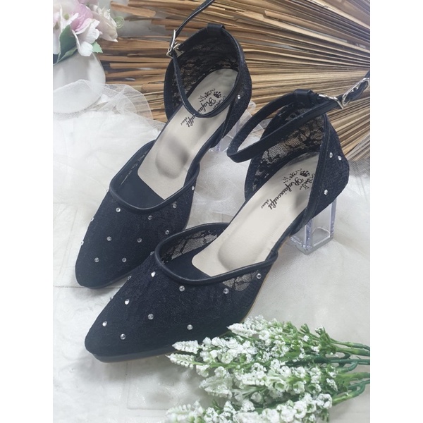 sepatu siera hitam lace brukat tali 7cm kaca