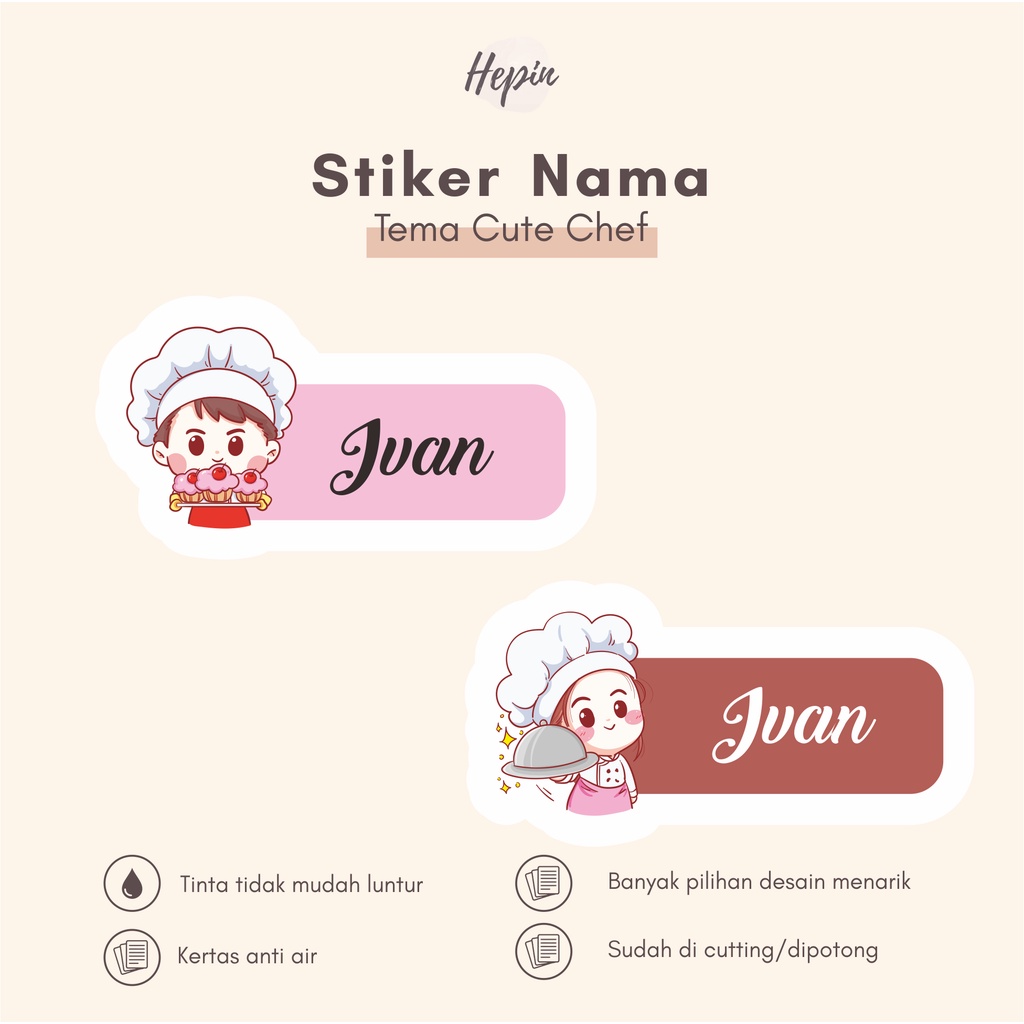 

(90 - 120 pcs) Murah Stiker nama CUTE CHEF / Stiker Nama Anak Murah / Label Nama Custom waterproff