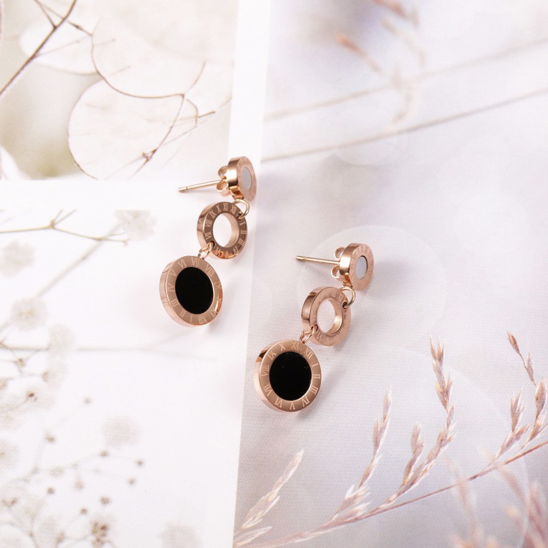 Anting Titanium Rose Gold Asli Wanita Fashion Anti Karat Murah AA039 motif elegant untai bawah