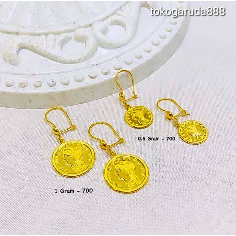 anting anak dan dewasa emas asli kadar 700 70% 16k 22 gold koin paun paon pawon bulat gantung tanpa permata hooks