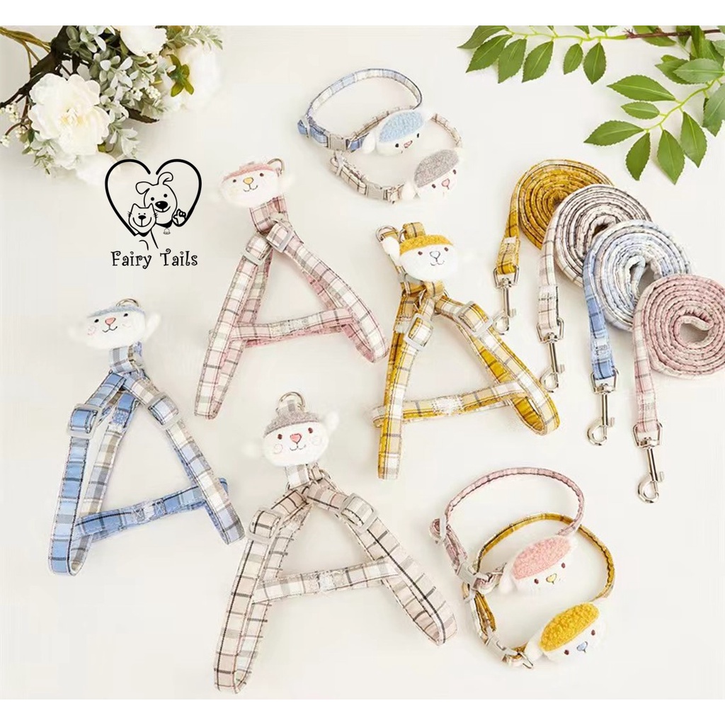 Set Tali Tuntun Tali Kekang dengan Harness Boneka Plush | Pet Cat Dog Set of Leash, Harness