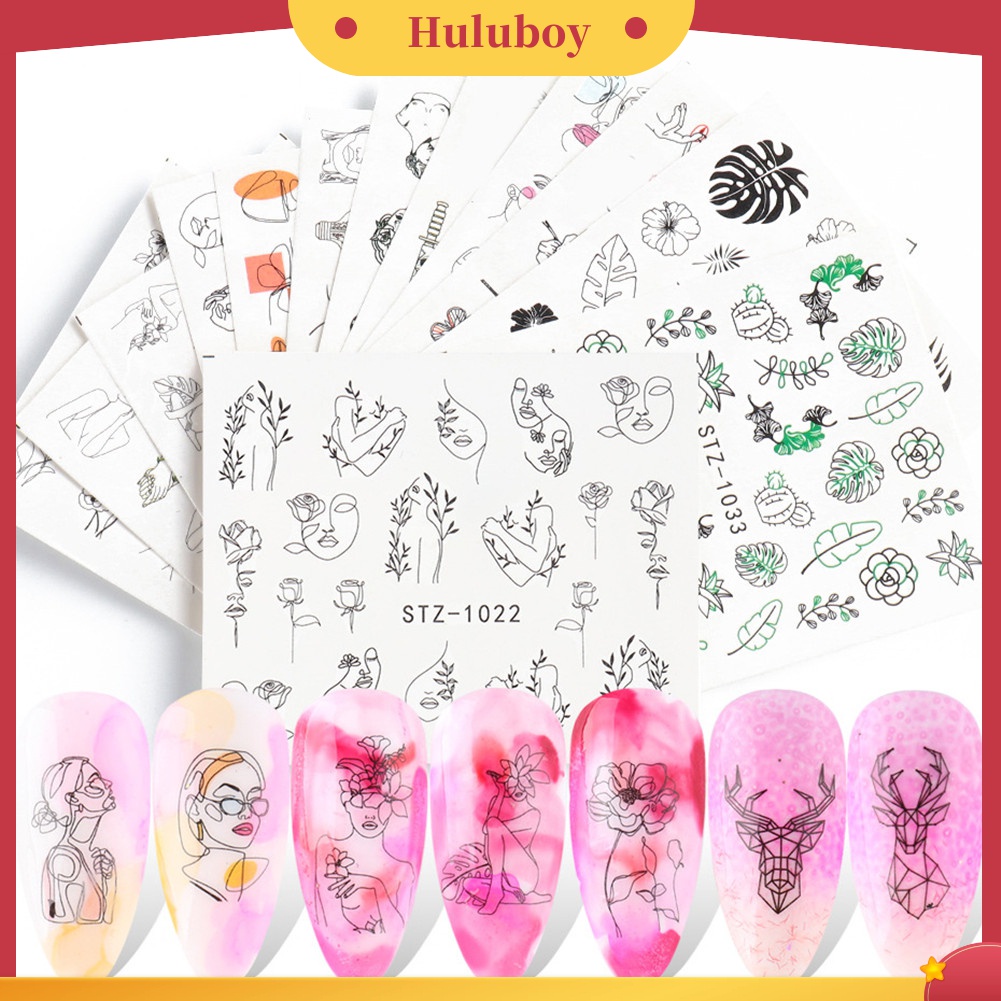 Huluboy Huluboy♡ 16 Lembar Stiker Kuku Motif Garis / Wajah Untuk Dekorasi Manicure