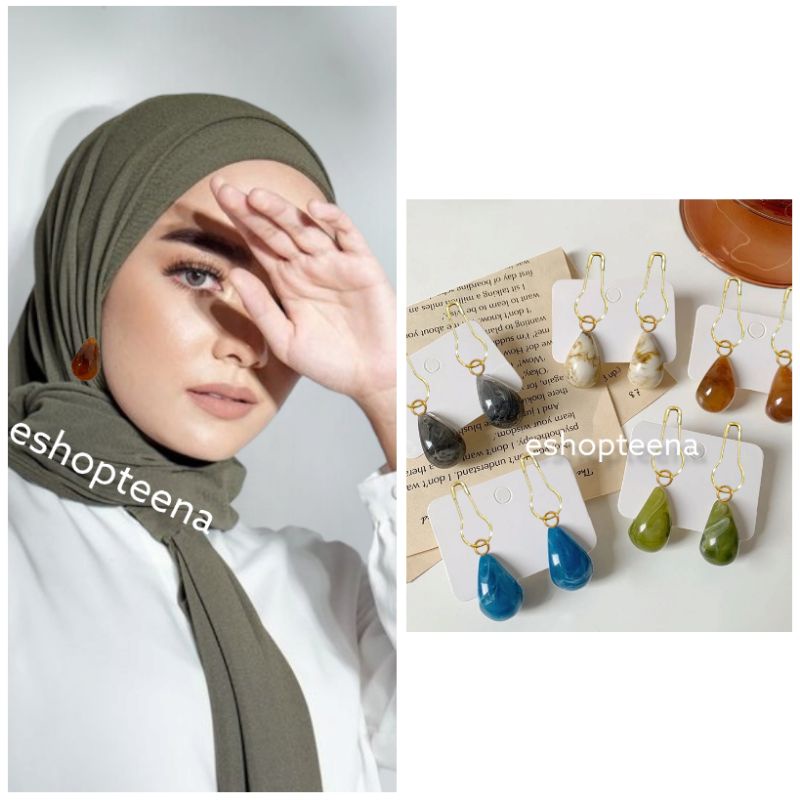 A45 anting hijab setengah lingkaran akrilik warna marmer_anting jilbab