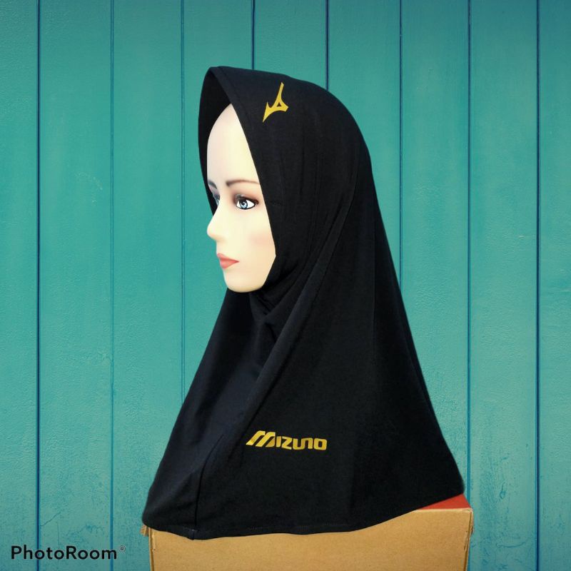 Hijab Sport Hijab Instan Sport Kerudung Olahraga Volly, Bersepedah, Joging Berlogo MIZUNO-Hitam lis gold