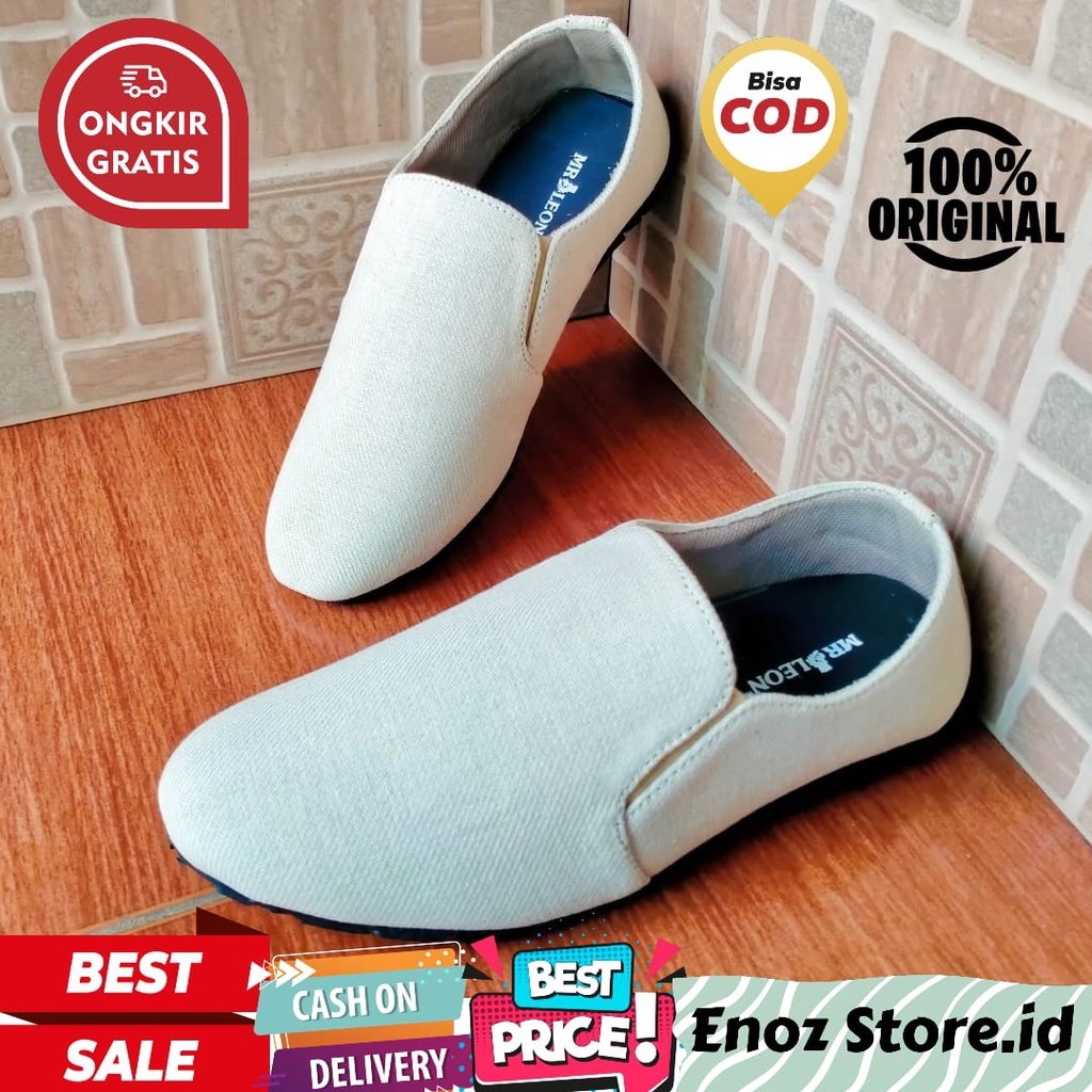 Enoz X Slim - Sepatu Slip On Casual Santai Pria Bahan Kanvas Slop Flat Selop Slip Kasual Formal Kerja Jalan Work Ringan Kuat Nyaman Warna Cream