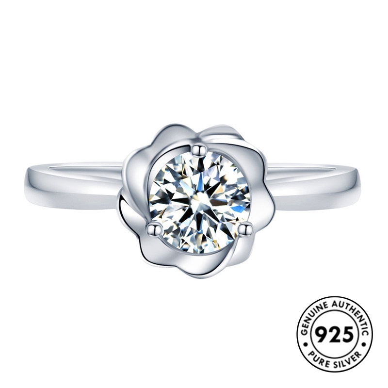 Cincin Sterling Silver 925 Desain Bunga Mawar Hias Berlian Imitasi Simple Elegan Untuk Wanita