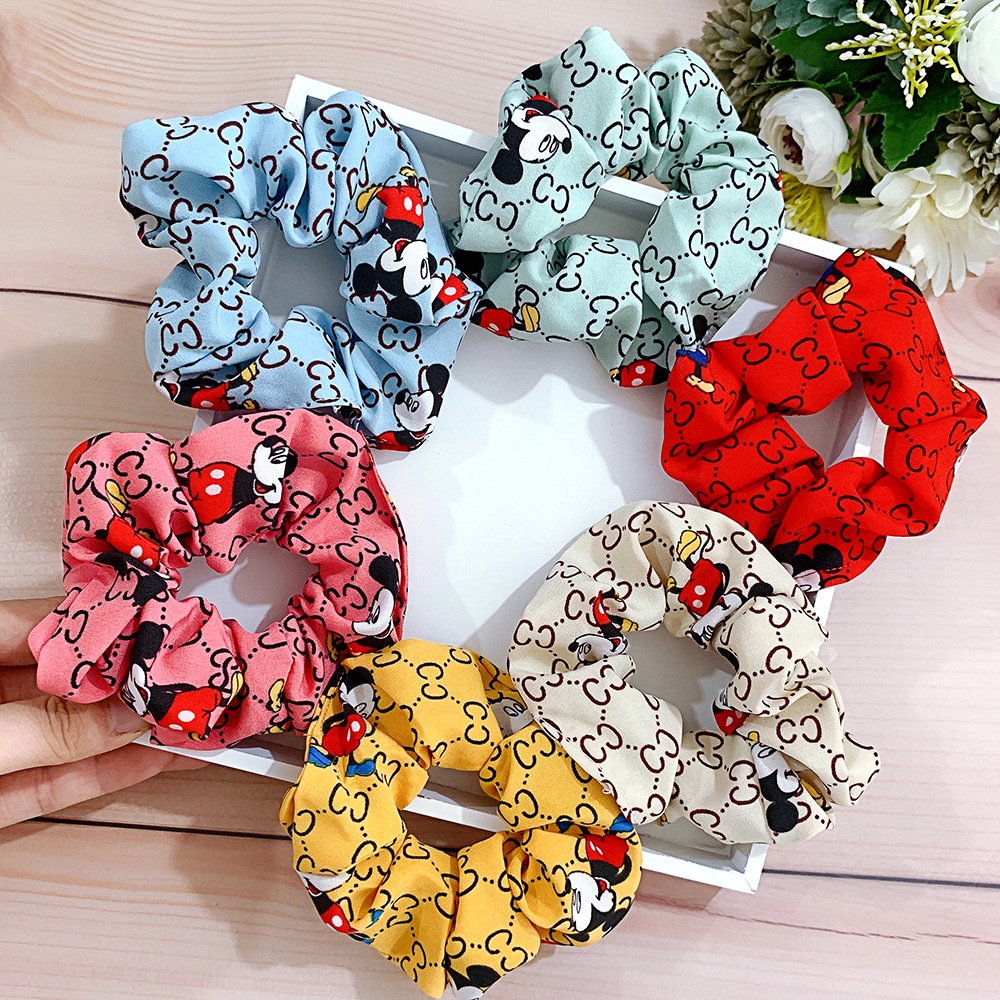 Scrunchie Import Ikat Rambut Kerut Motif Karakter Karet Rambut Bahan Satin Perancis Korea Scrunchies