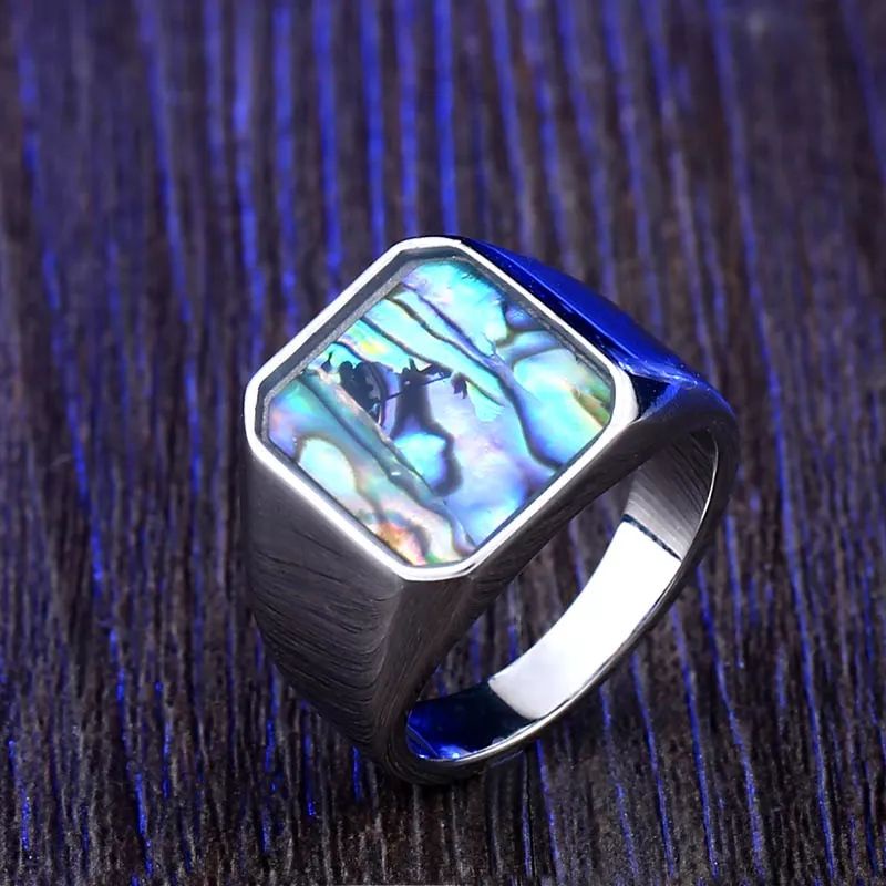 Cincin Batu Kerang Mutiara Abalone Shell Rainbow Ring Titanium Stainless Steel