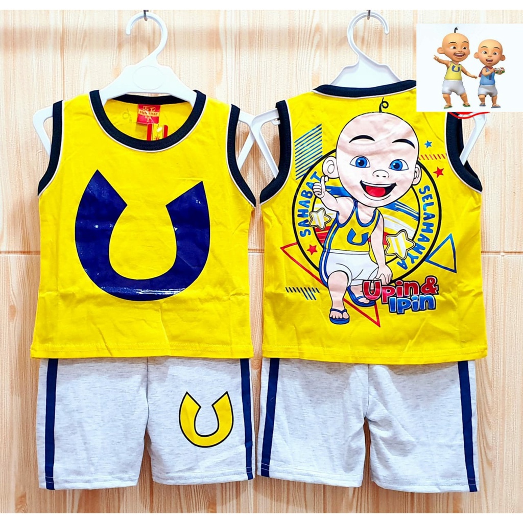 Setelan Baju Kaos Singlet Upin Ipin Anak Umur 1 - 10 Tahun Atasan Pakaian Anak Murah