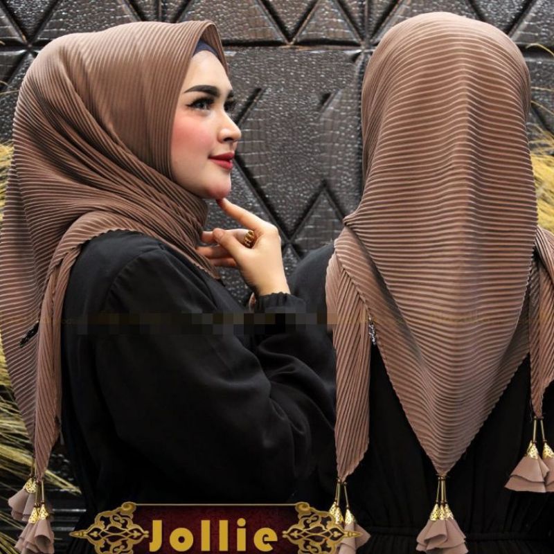 jilbab segiempat plisket pastan tasel bunga pom pom ukuran 130x 130cm motif dan polos