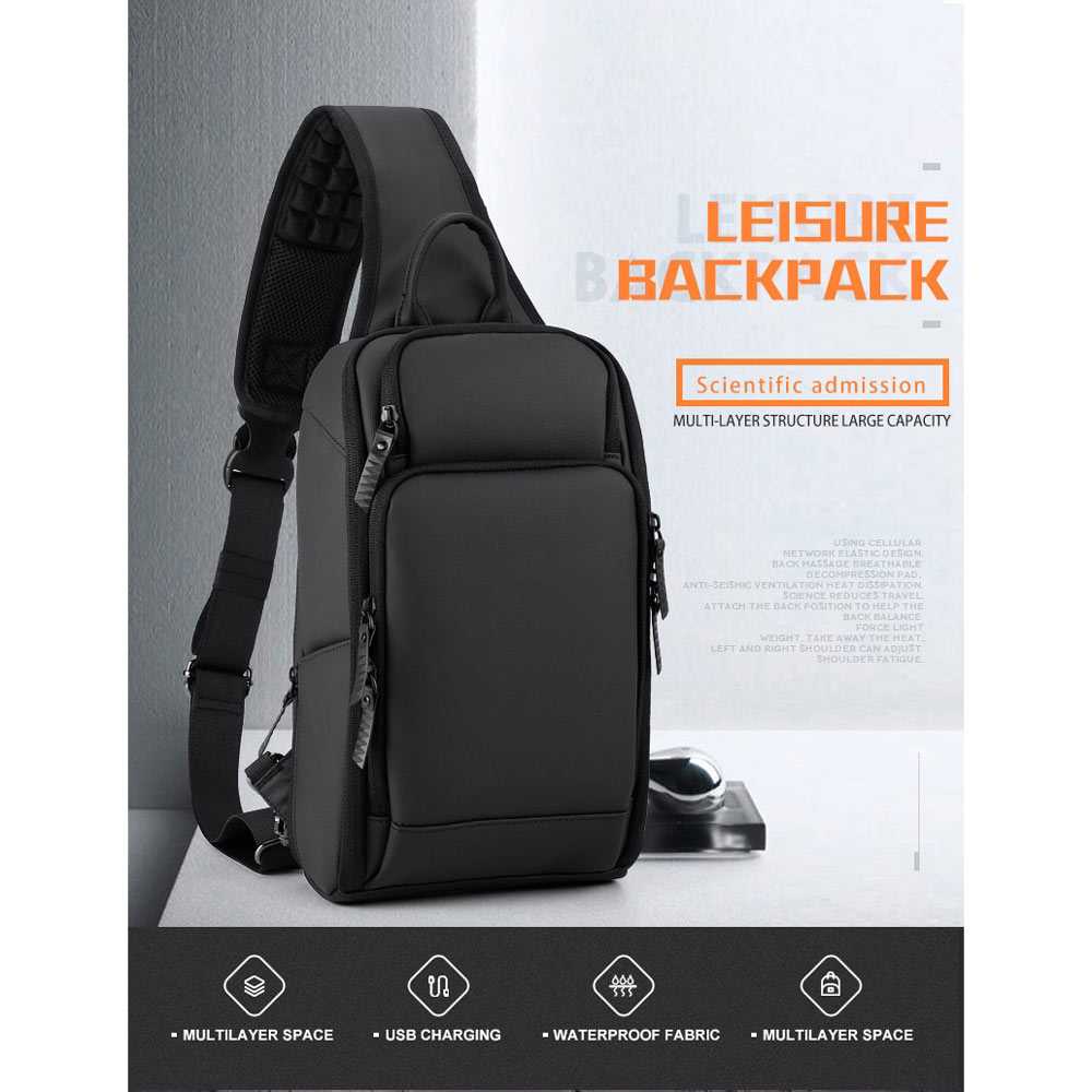MINGLU Tas Selempang Fashion Sling Bag Pria USB Charger Slot - 8292-Hitam