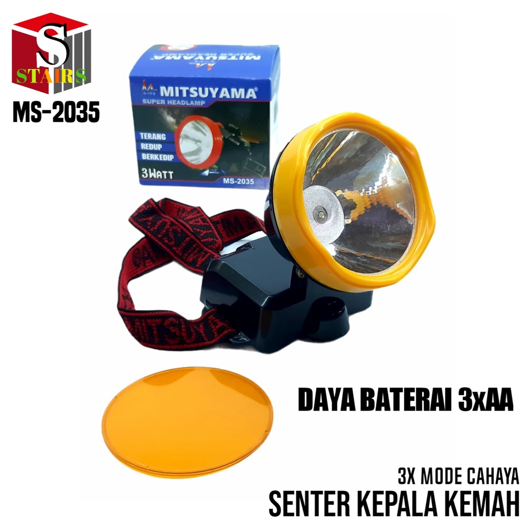 Senter Kepala Super Terang MS-2035  Cahaya Putih Daya Batterai 3x AA/A2