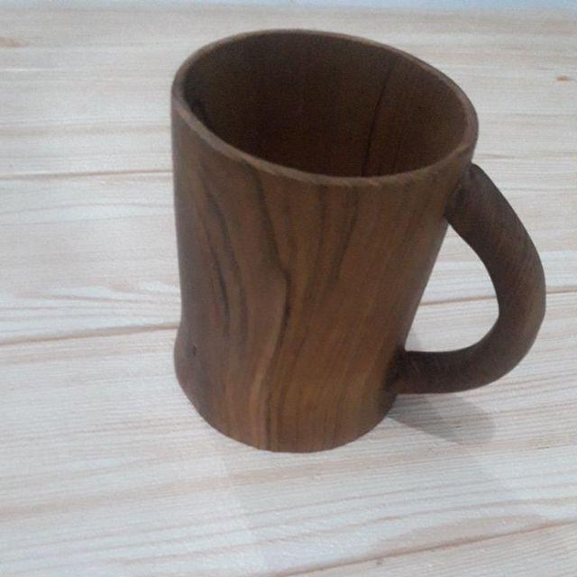 Naruna Cangkir Kayu Jati Asli Dengan Handle Bisa Grafir Satuan