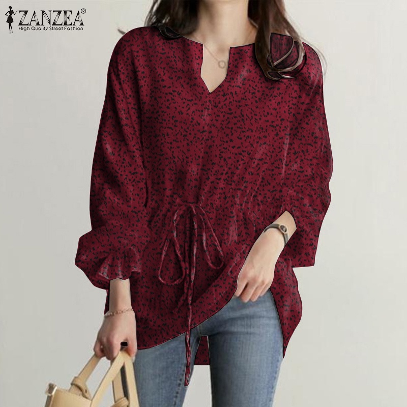 ZANZEA Fashion Women Shirt V Neck Drawstring Waist Printed Full Sleeve Casual Loose Blouse