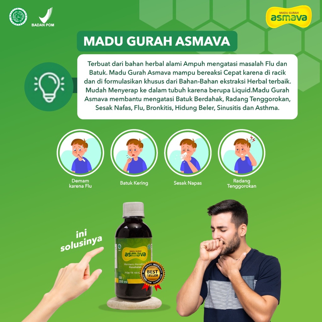 Madu GURAH ASMAVA Obat Batuk Berdahak Kering Gatal Radang Sakit Tenggorokan Flu Asma Sinusitis Sesak Nafas Paling Ampuh Bpom