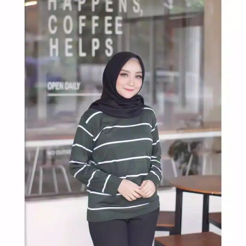 Sweater Stripe Knit korean style oversize lengan panjang bahan rajut tebal premium cardigan korea wanita jumbo crop kekinian