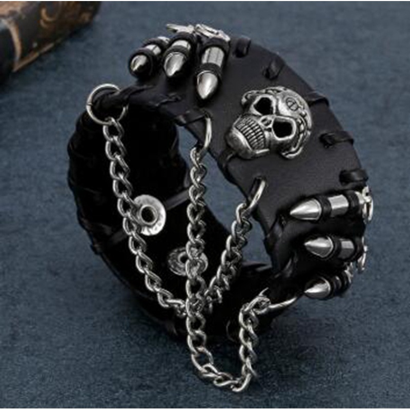 Gelang Rantai Adjustable Desain Tengkorak Bahan Kulit Warna Hitam Gaya Punk Rock Gothic Untuk Pria