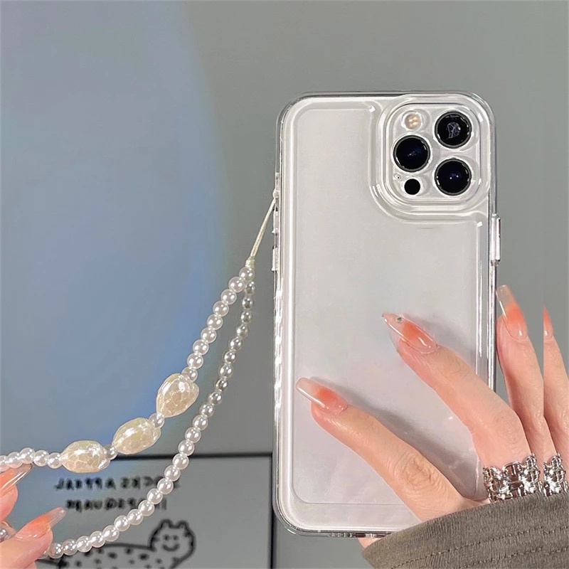 Hard Case Akrilik Transparan Motif Hati Aksen Rantai Mutiara Untuk iPhone 14 Pro Max 13 12 11 Pro XS Max X XR 7 8 Plus SE 3